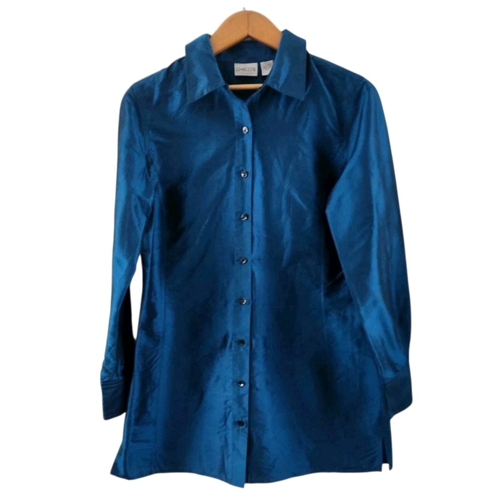 Chicos Turquoise Blue 100% Shantung Silk Tunic Button Up Blouse Size 1 US 8